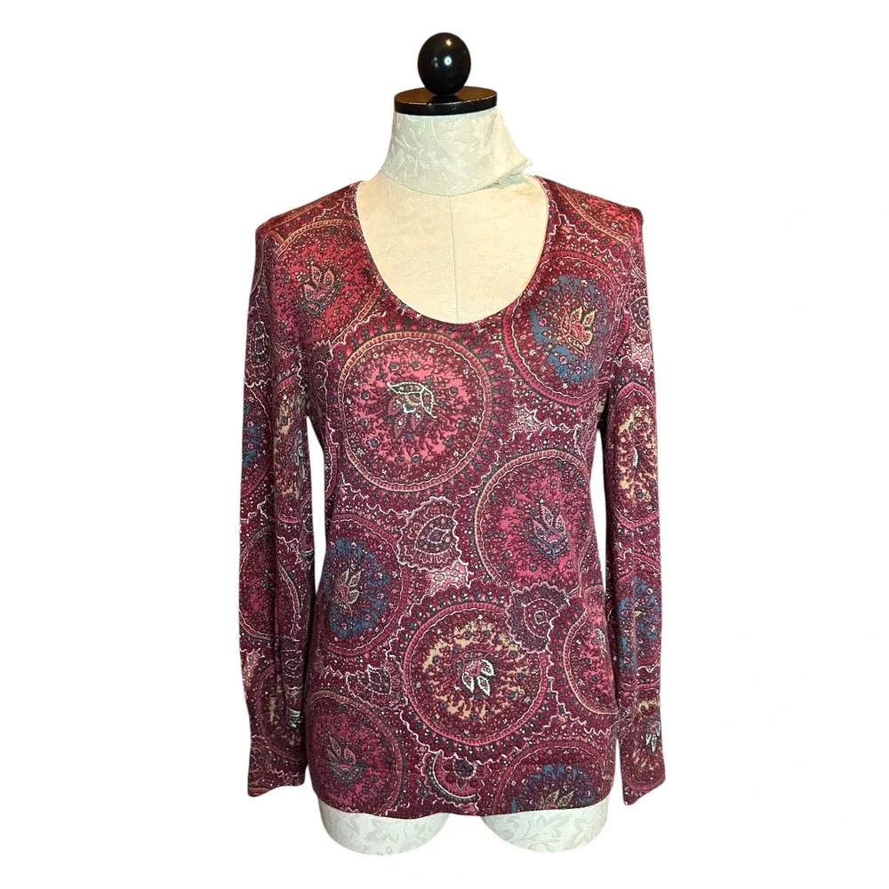 Talbots‎ Pure 100% Merino Wool Paisley Medallion Sweater Burgundy Red Sz M